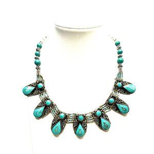 Vintage Tibetan Silver & Turquoise Statement Necklace—Multi-Teardrop Pendant EUC